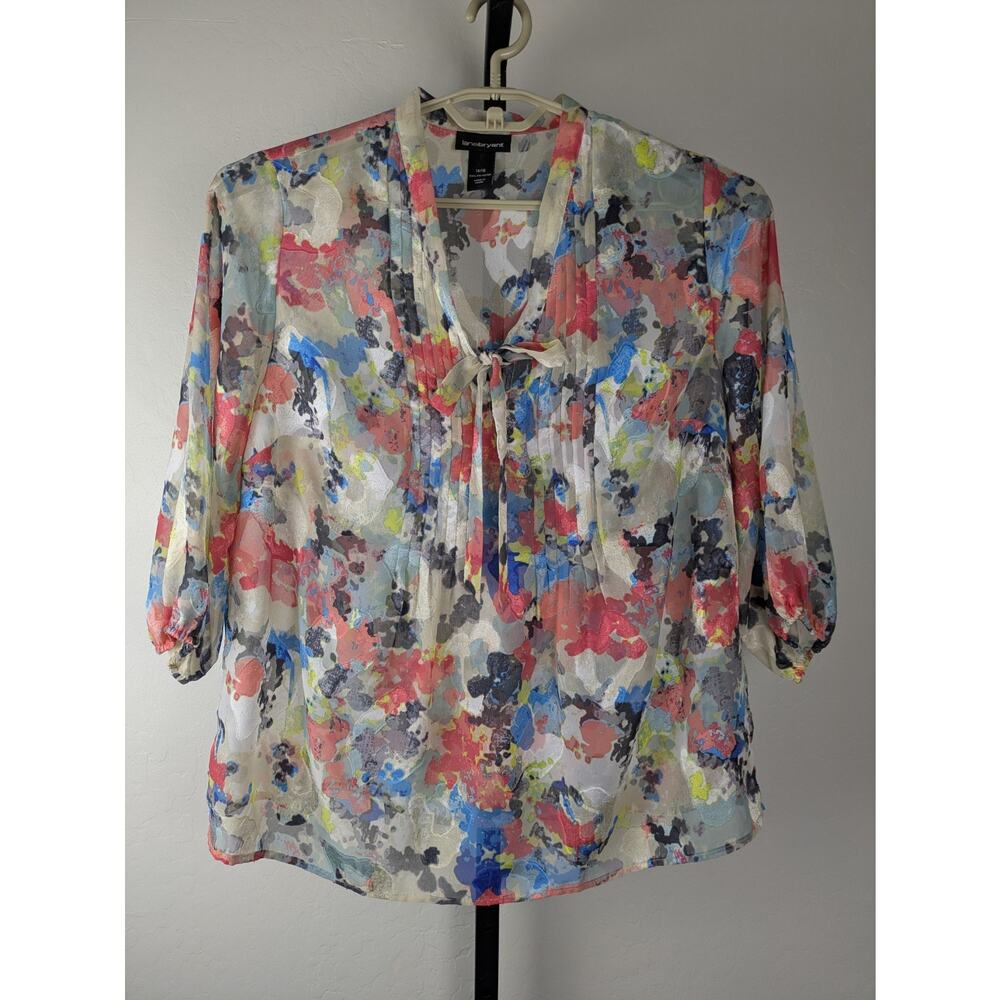 Lane Bryant colorful burnout semi sheer blouse neck tie detail